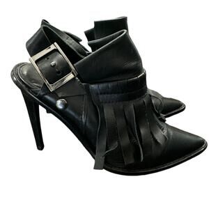 Tibi York Black Leather Fringed Slingback Stiletto Booties Heels Size 7.5